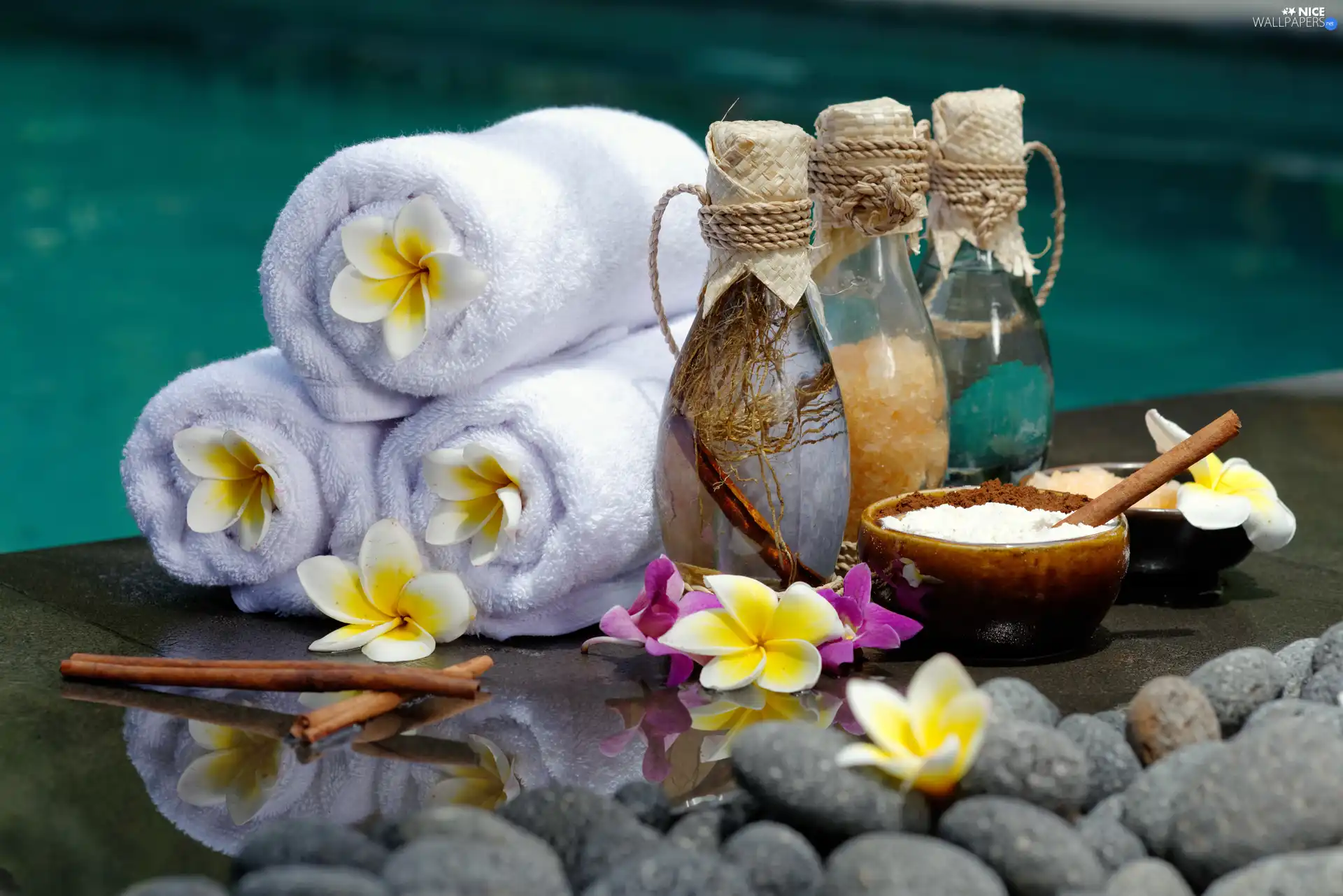 Flowers, Plumeria, Towels, Bottles, Spa