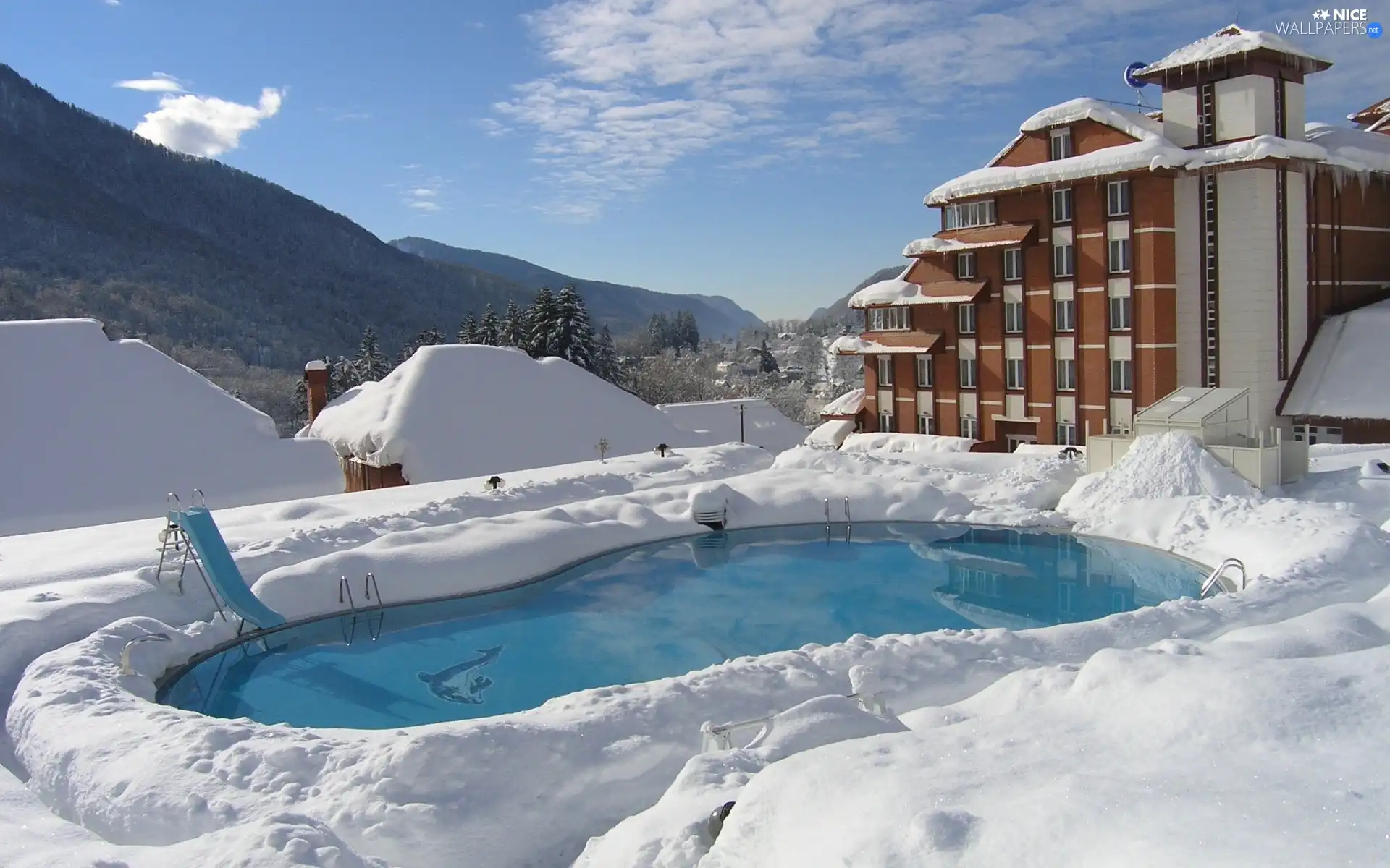 Mountains, snow, Pool, guesthouse