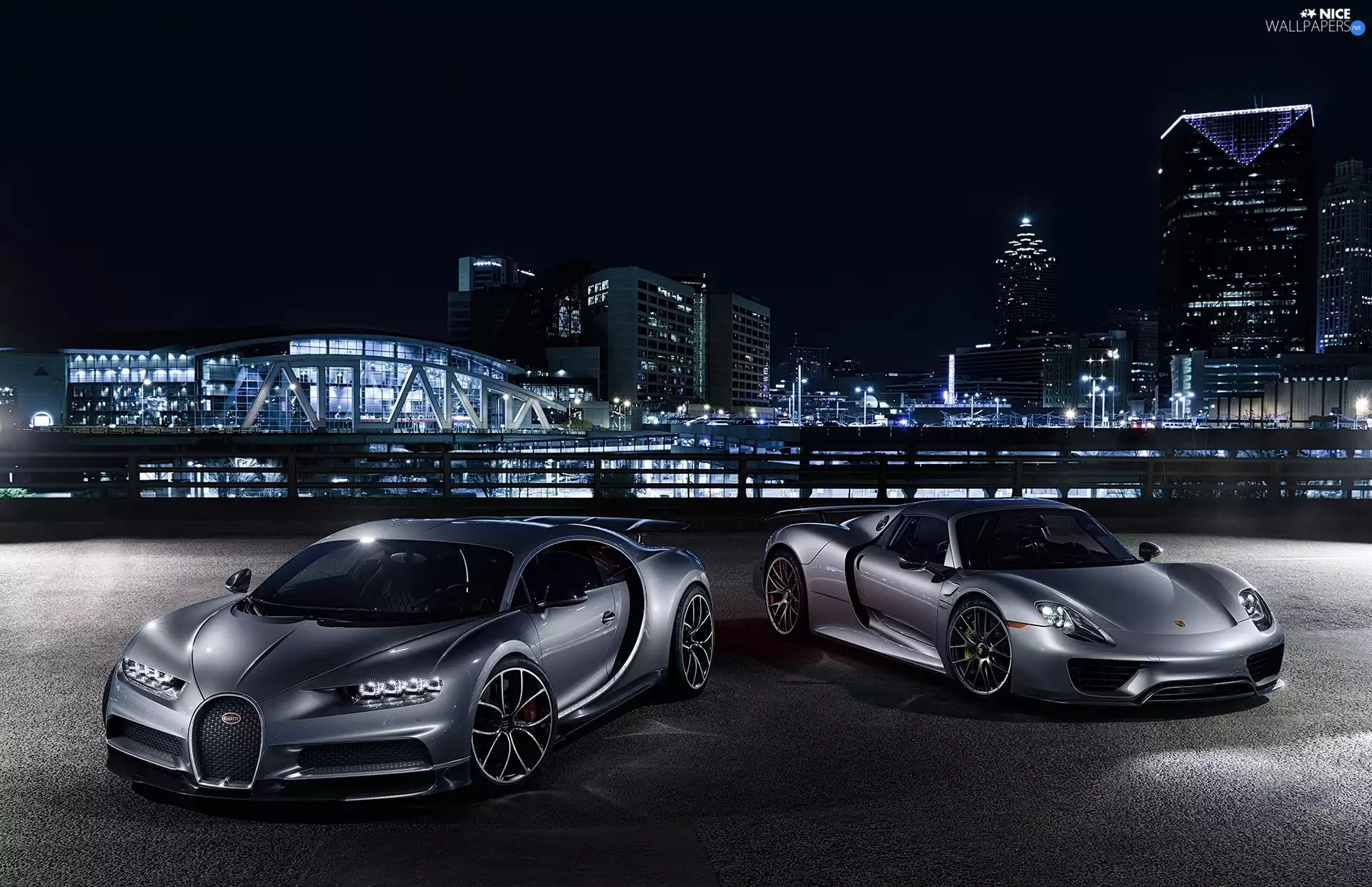 Porsche 918 Spyder, Bugatti Chiron, Night, Town, 2013-2015, 2016