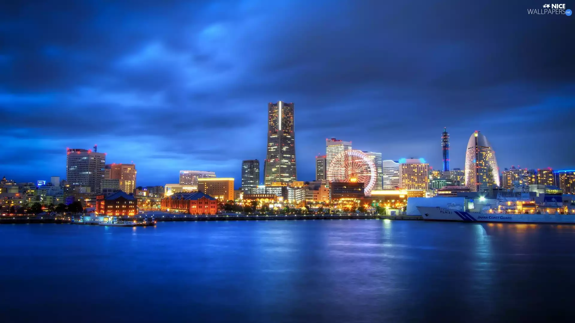 skyscraper, Night, Yokohama, port