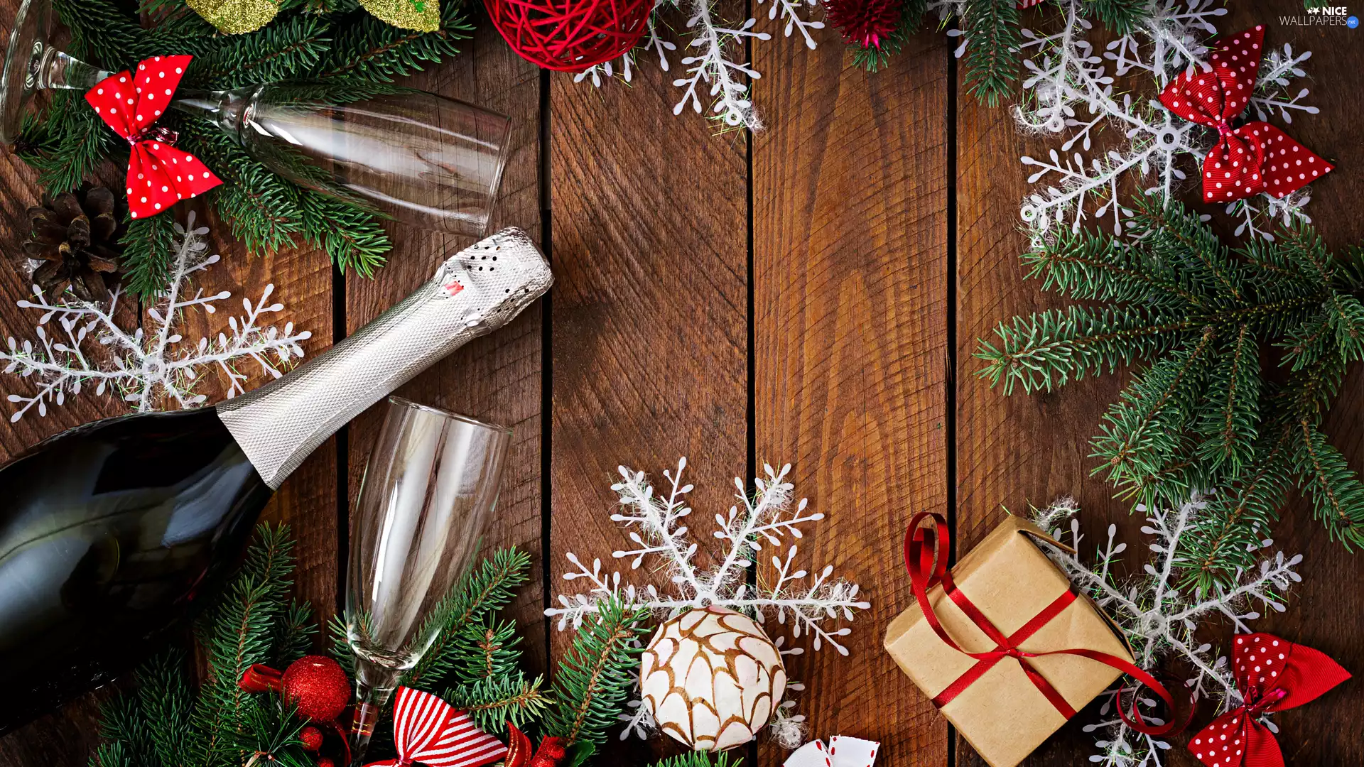 Twigs, glasses, boarding, Present, Champagne, ornamentation, Christmas