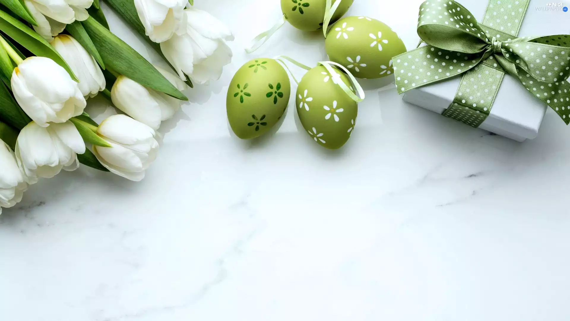 Tulips, Easter, eggs, Present, green ones, White