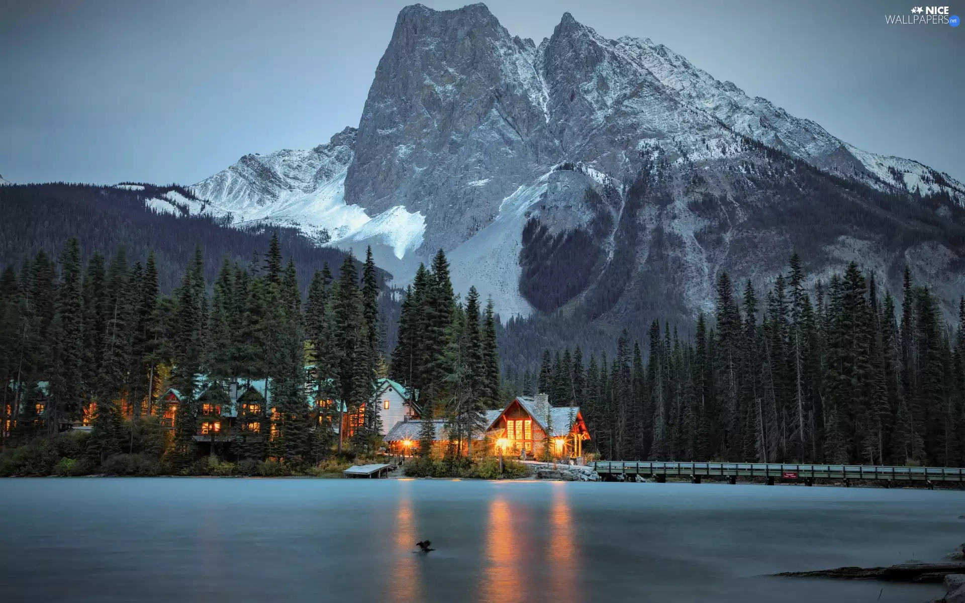 bridge, house, clouds, lake, viewes, Province of British Columbia, Floodlit, Yoho National Park, Canada, Emerald Lake, trees, Mountains
