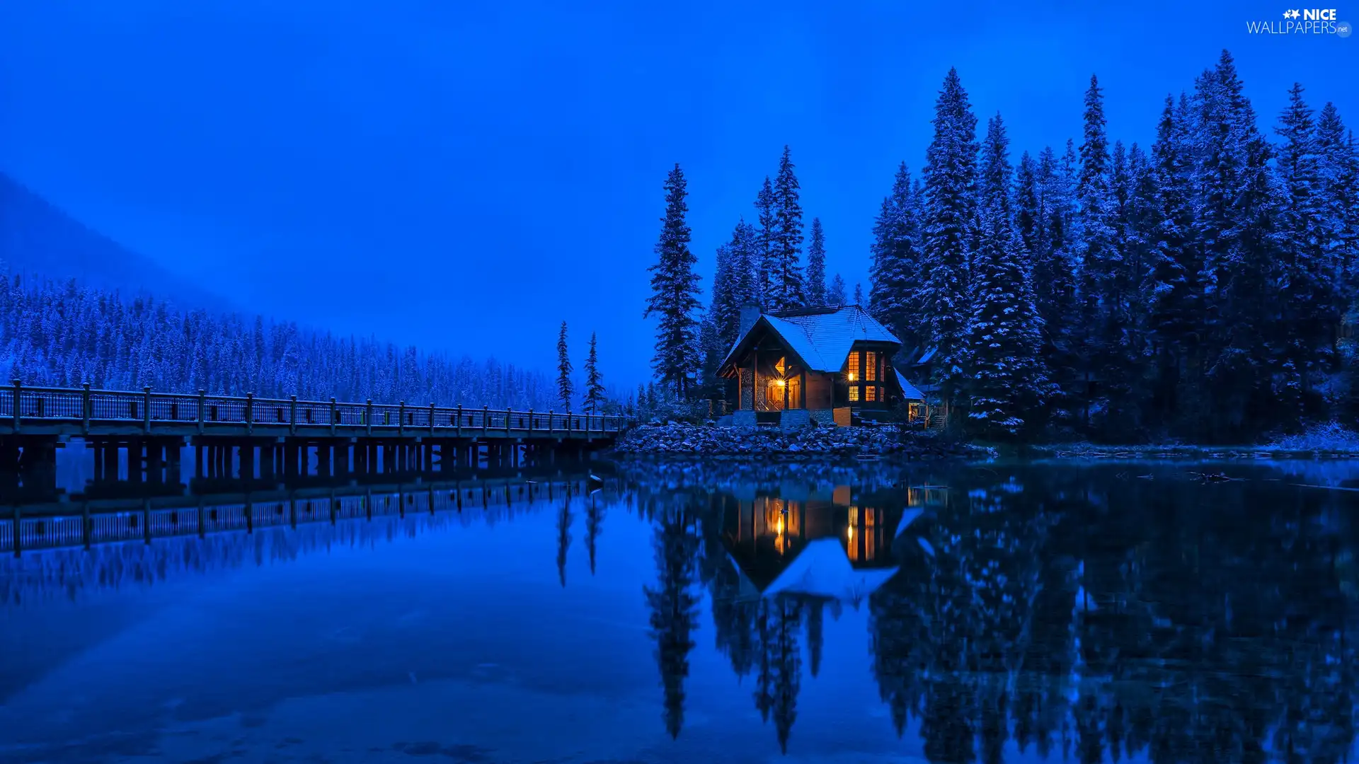 trees, forest, viewes, Floodlit, house, Province of British Columbia, Mountains, Yoho National Park, Canada, bridge, Emerald Lake, lake