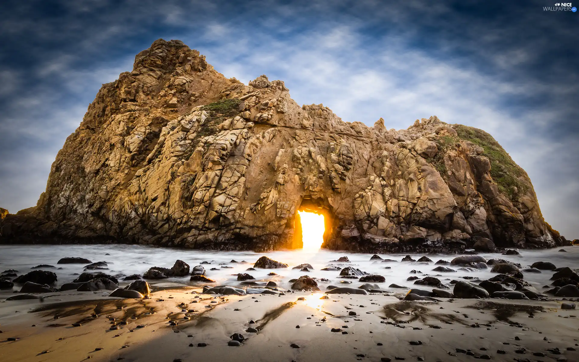 Stones, Przebijające, luminosity, ligh, flash, sea, Rocks, sun