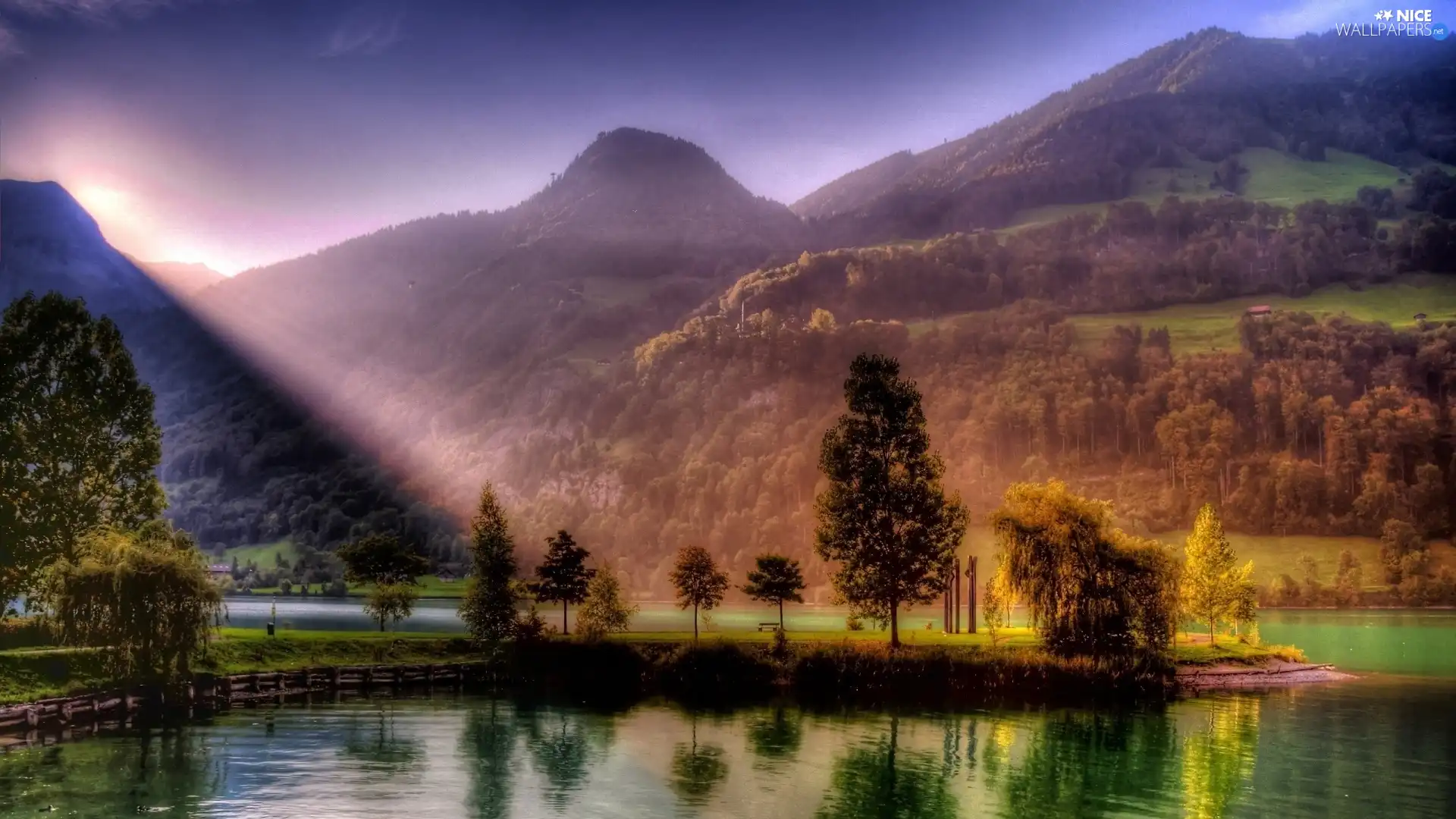 viewes, River, Przebijające, sun, Mountains, trees