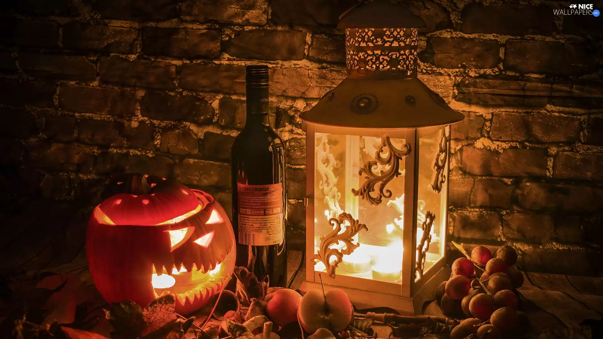 Candle, halloween, Wine, pumpkin, composition, Bottle, lantern