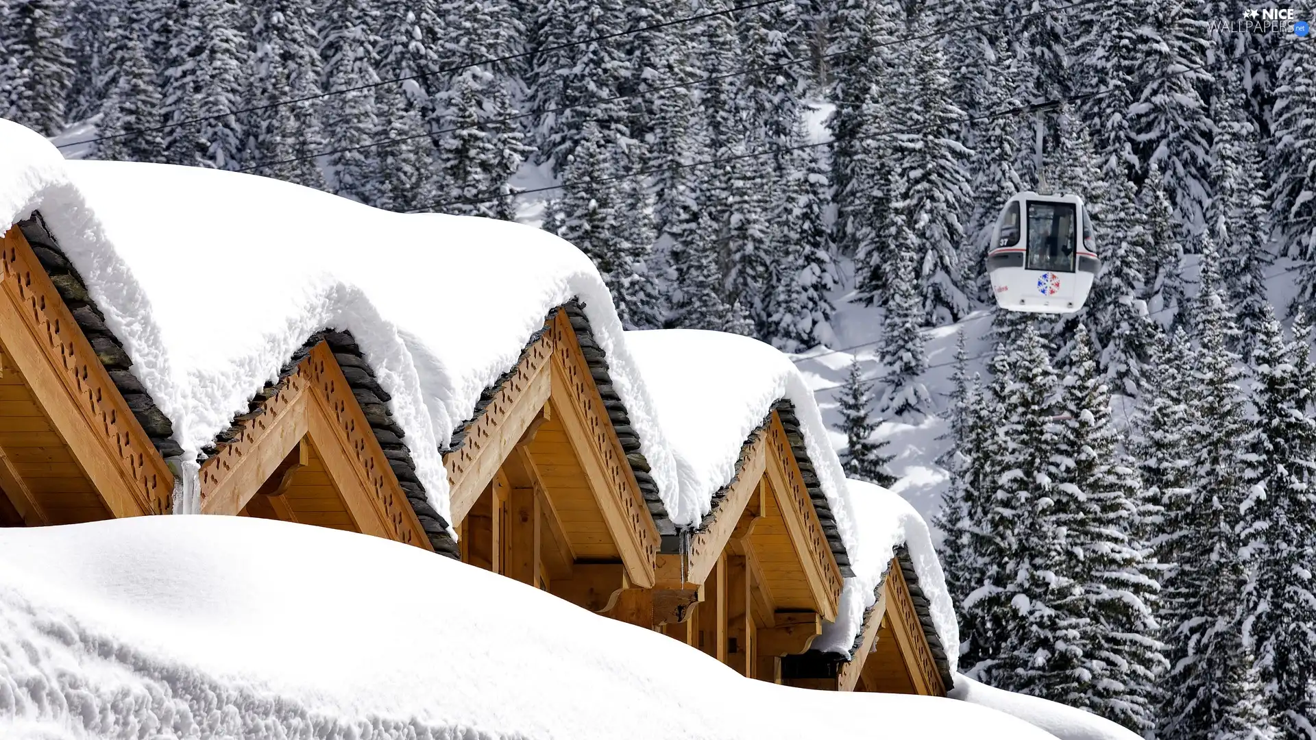 queue, rope-way, snowy, roofs, winter