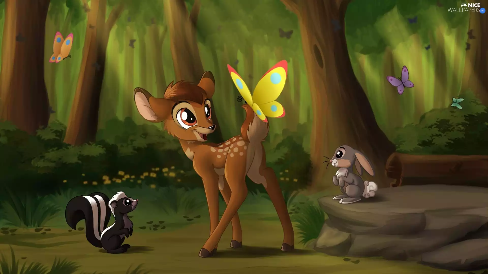 bulls, fawn, forest, skunk, butterflies, cartoon, story, Rabbit