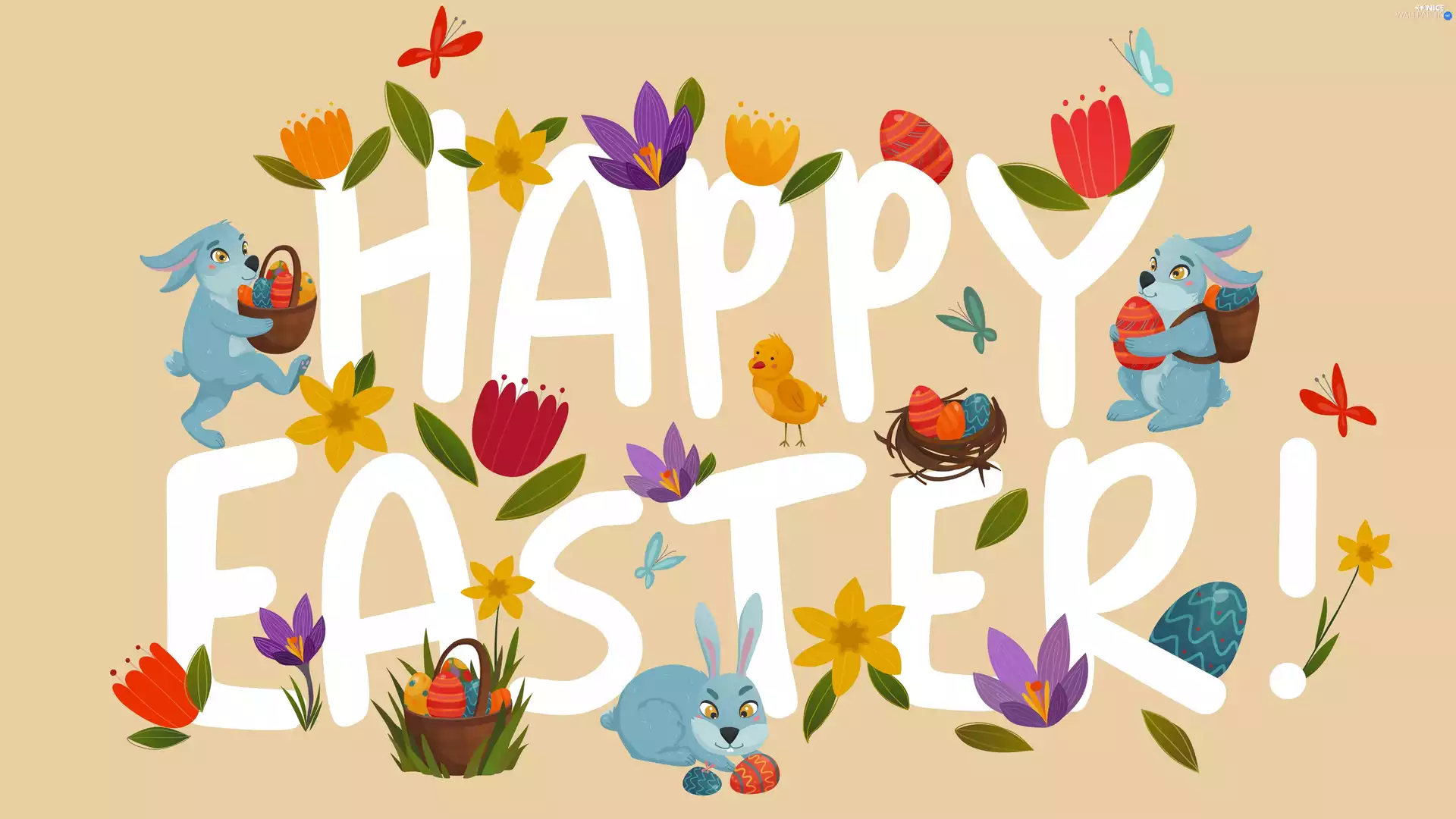 Happy Easter, 2D, rabbits, text, Easter