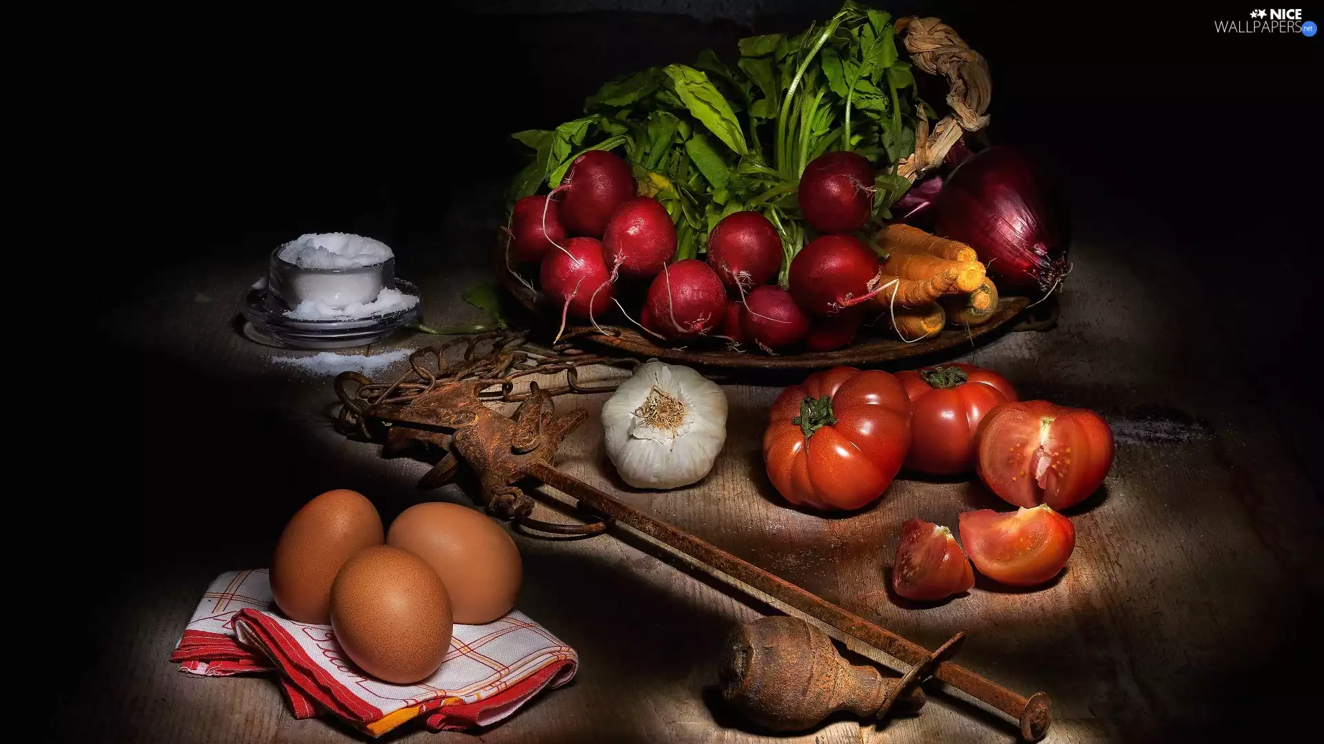 tomatoes, vegetables, eggs, radishes, composition, onion, salt