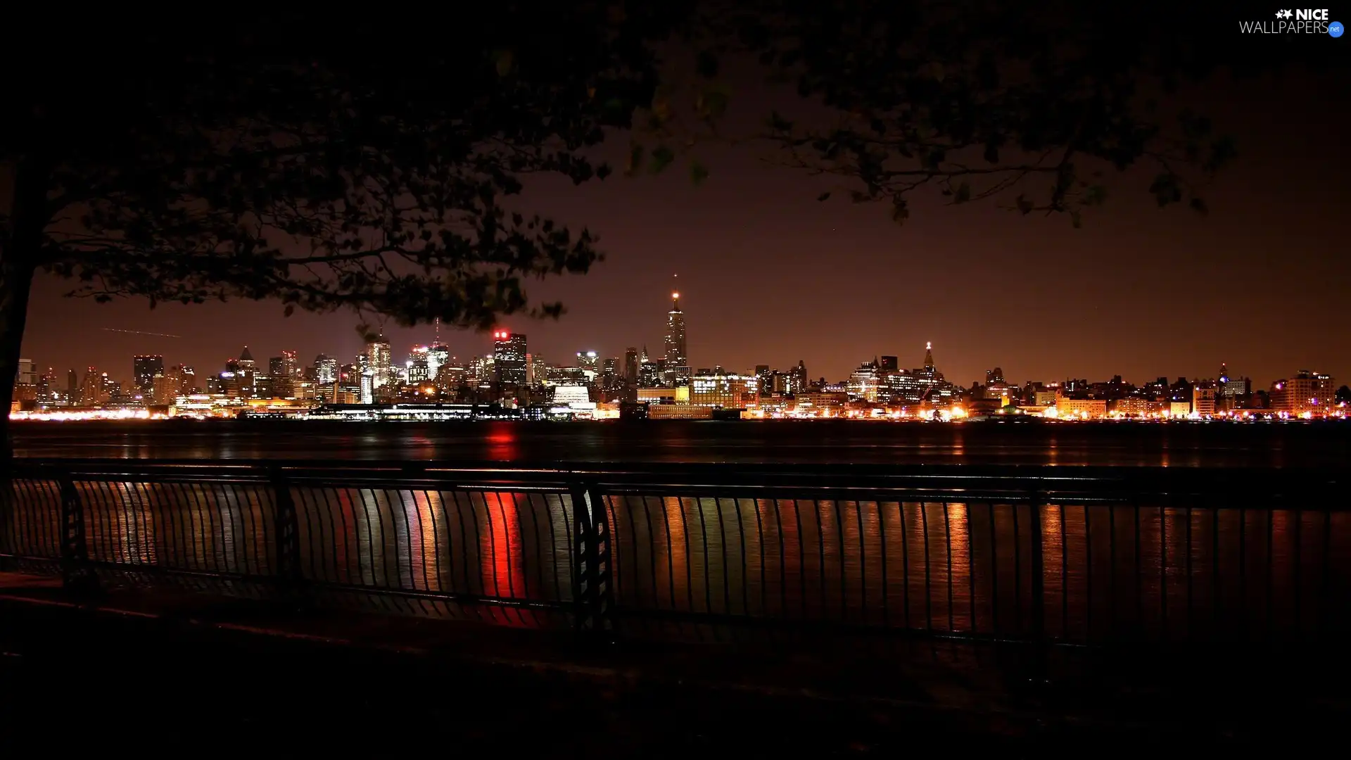 Town, River, railing, night