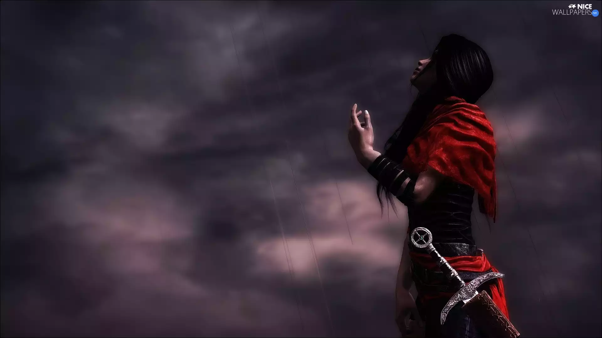 clouds, Rain, sword, dark, warrior
