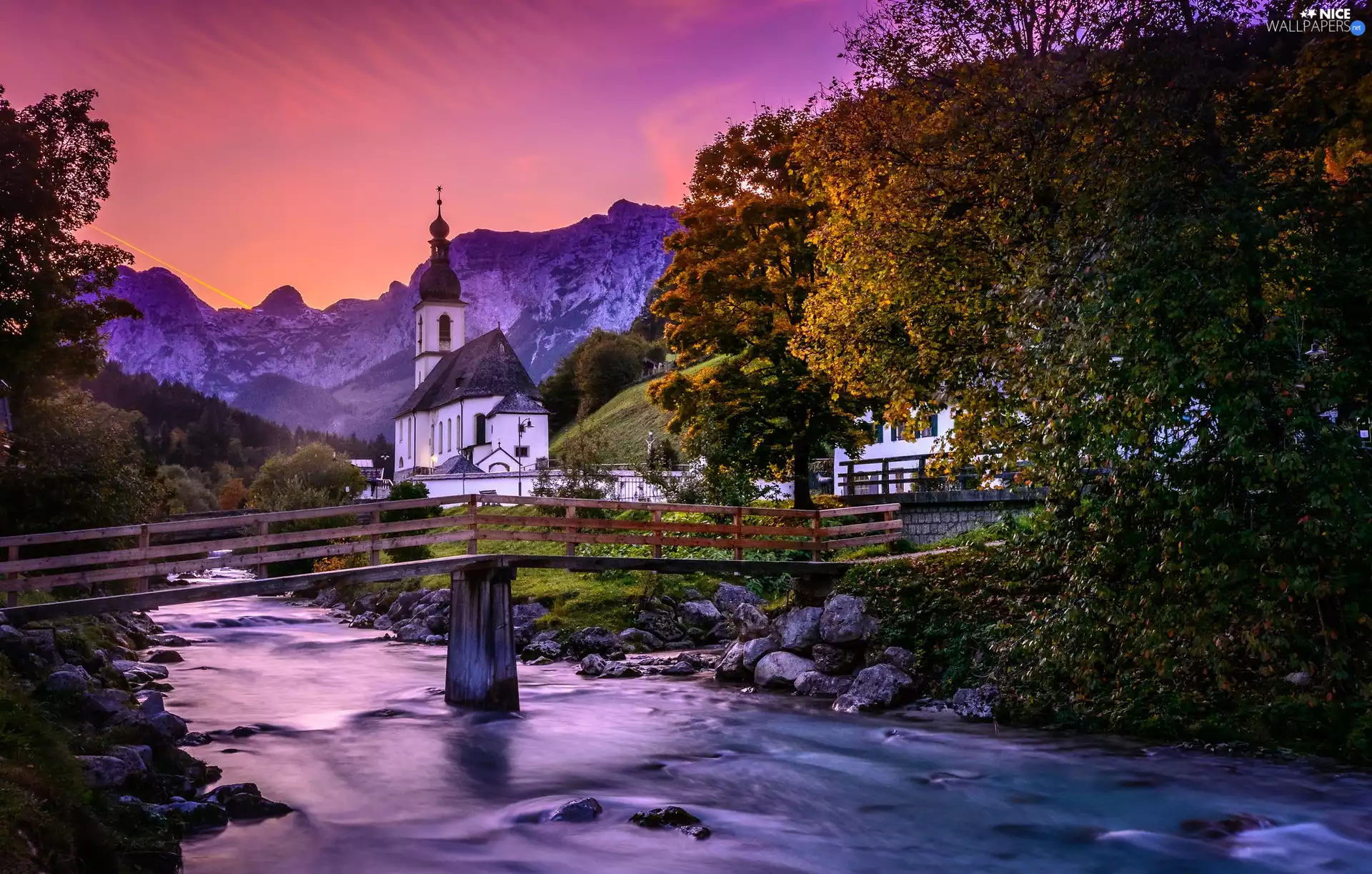 trees, Bavaria, Ramsau bei Berchtesgaden, River Ramsauer Ache, Alps Mountains, Germany, Berchtesgaden National Park, bridge, viewes, Church of St. Sebastian