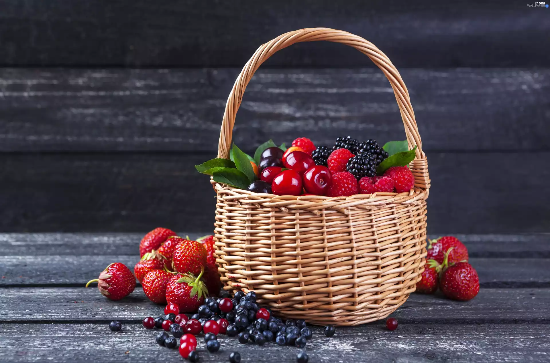 cherries, blackberries, blueberries, raspberries, Fruits, strawberries, basket