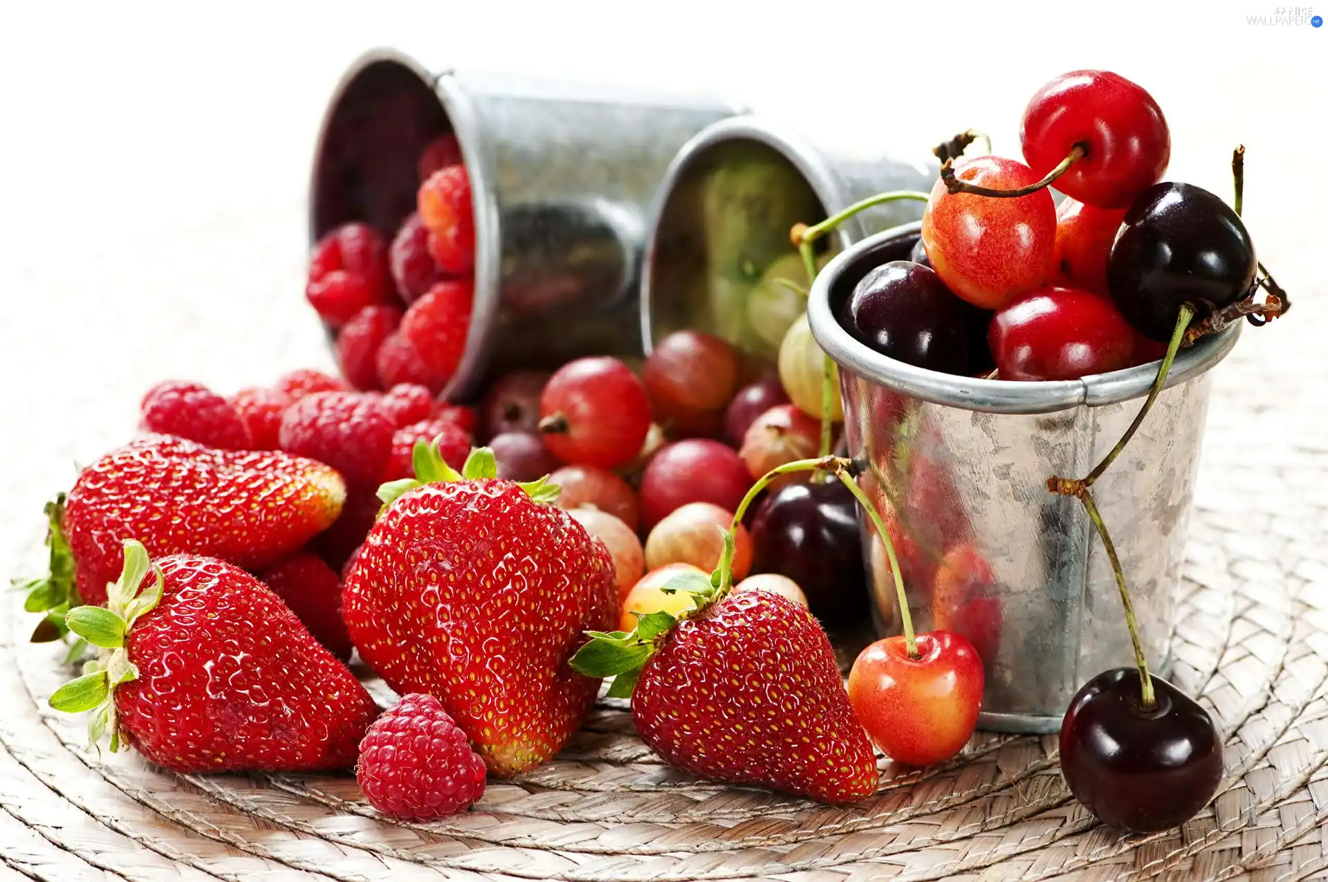 strawberries, gooseberry, raspberries, cherries