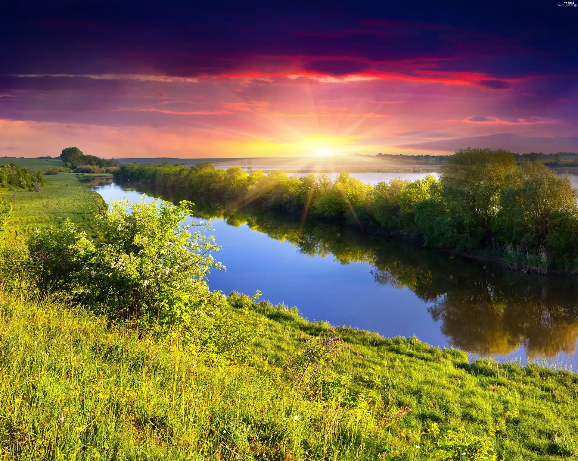 Viewes Medows Sun Trees River Rays Autumn Nice Wallpapers