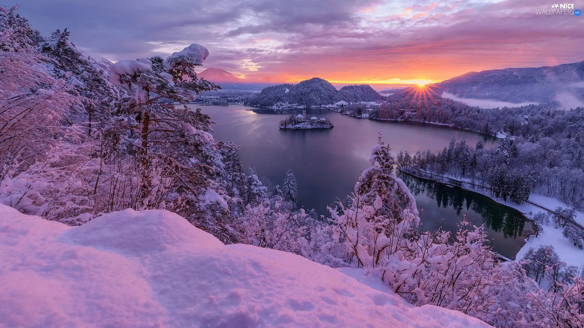 trees, snow, Slovenia, Snowy, Lake Bled, winter, Mountains, rays of the Sun, viewes, Islet