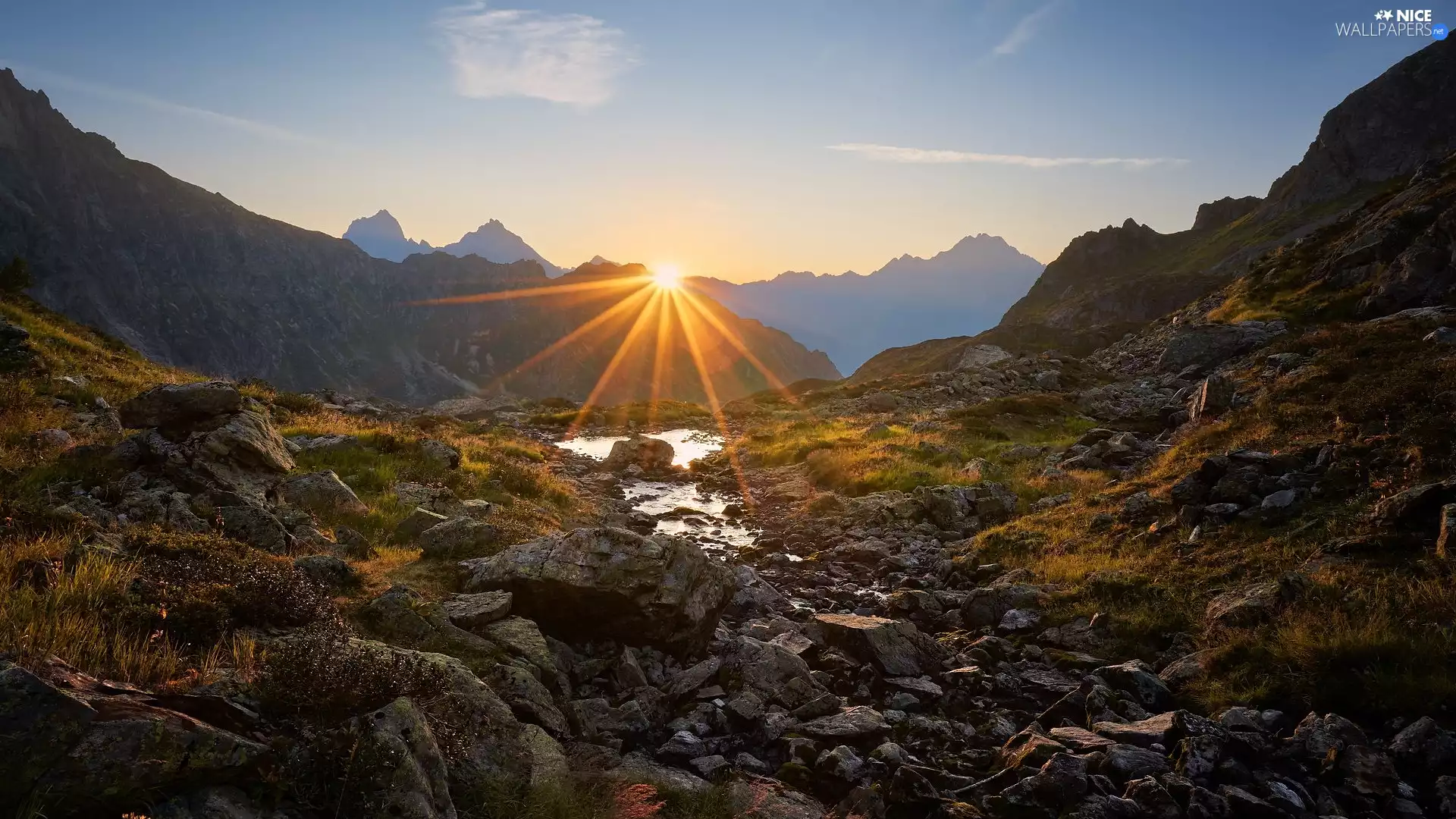 rays of the Sun, Mountains, puddle, Alps, Switzerland, rocks, Plants