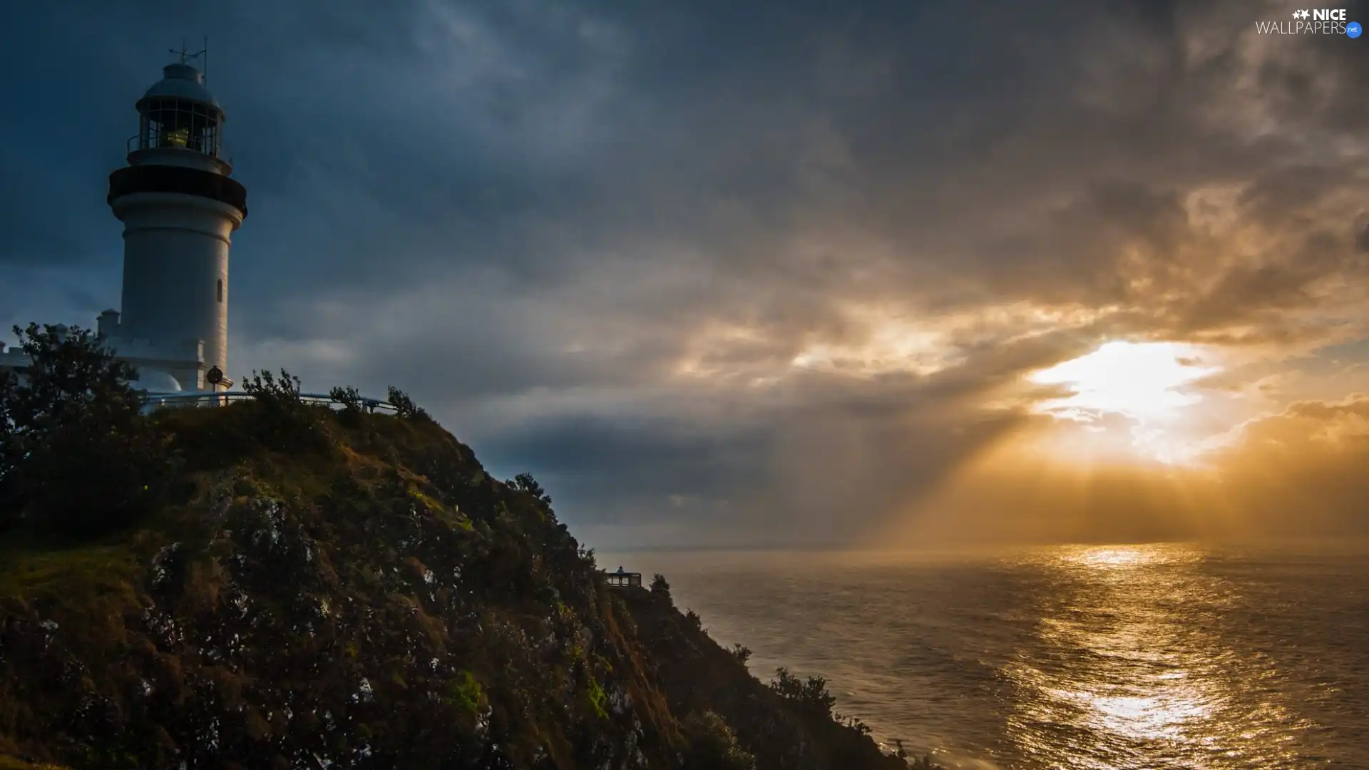 Coast, Lighthouse, rays, sun, clouds, maritime