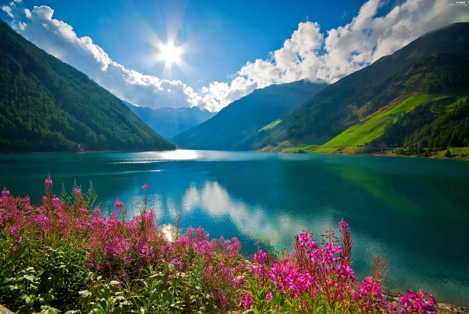 clouds, lake, rays, sun, Flowers, Mountains