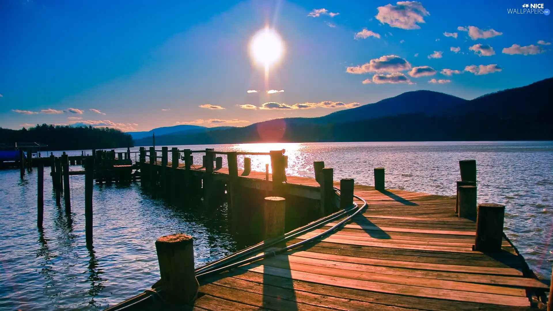 rays, sun, Platform, Mountains, lake