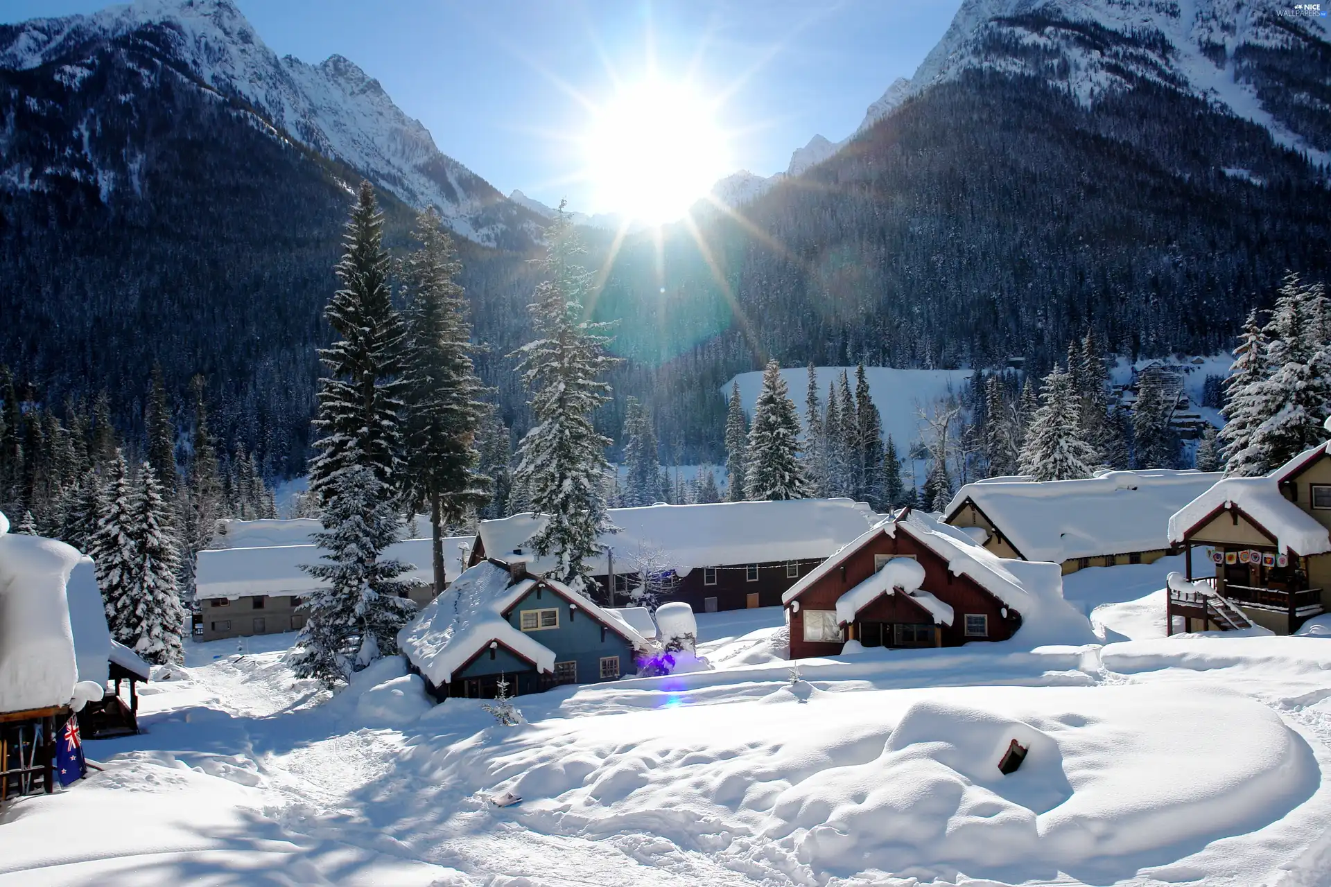 rays, sun, Houses, winter, Mountains