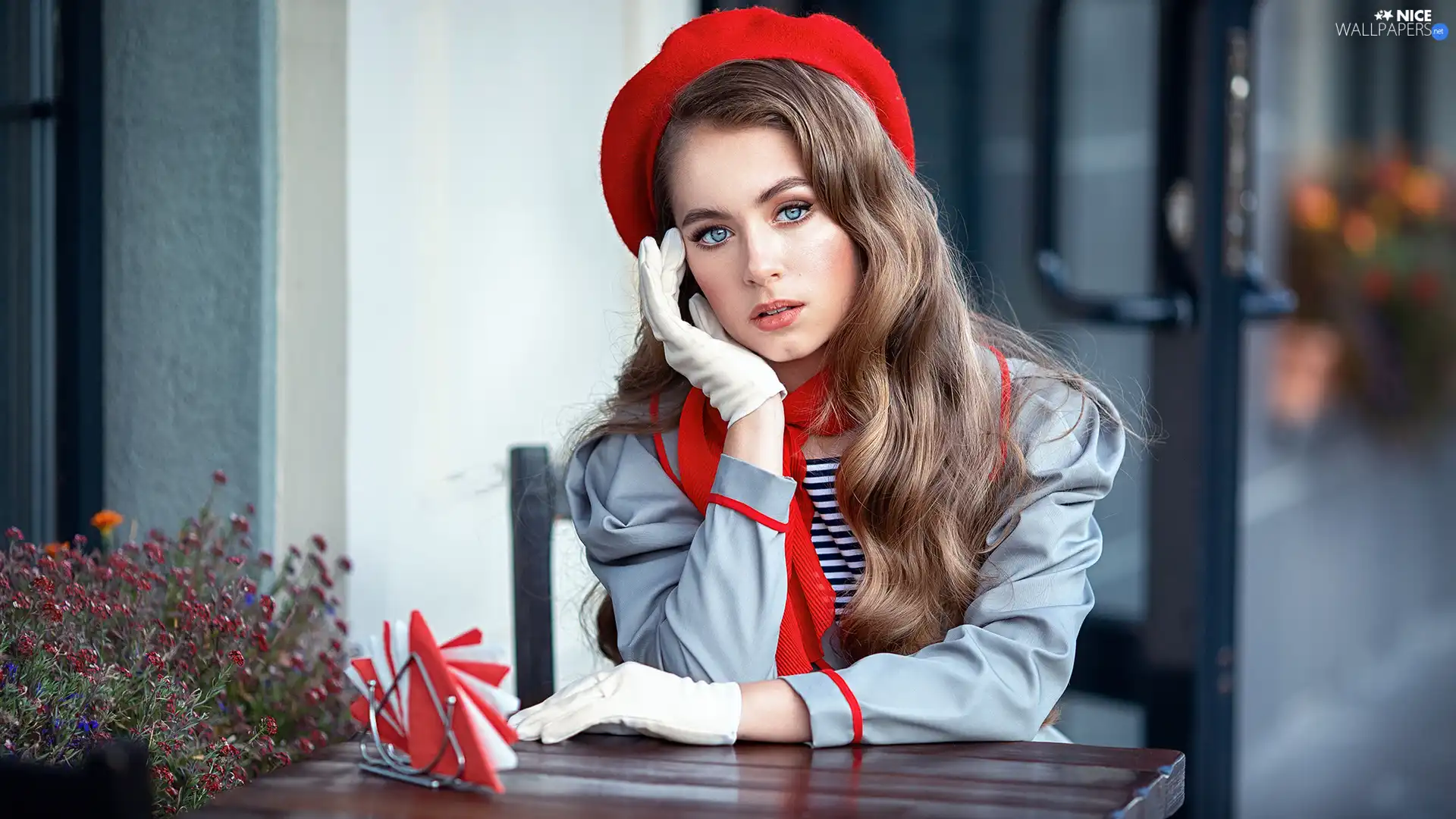 girl, Red, beret, light brown