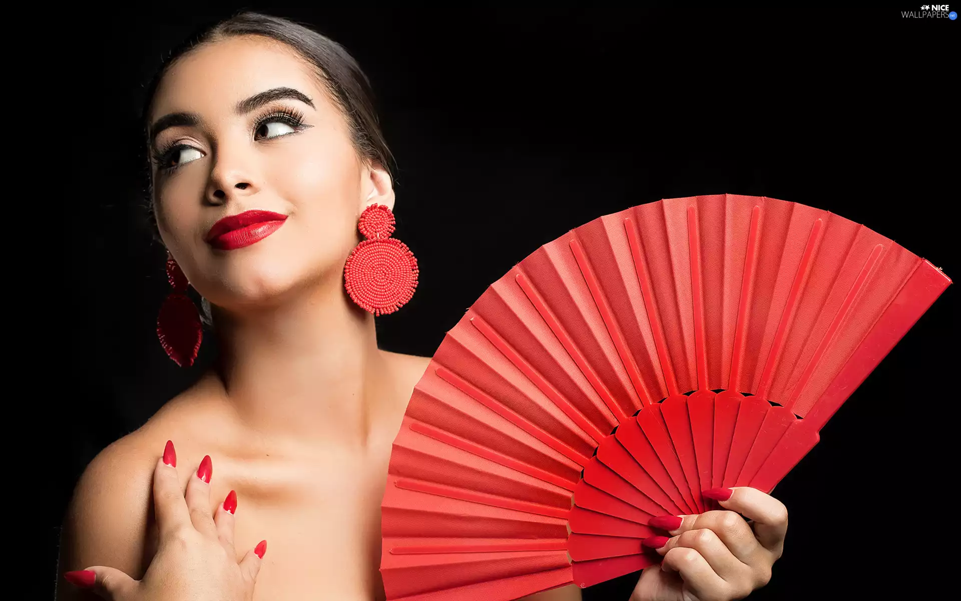 Women, Red, Fan, ear-ring