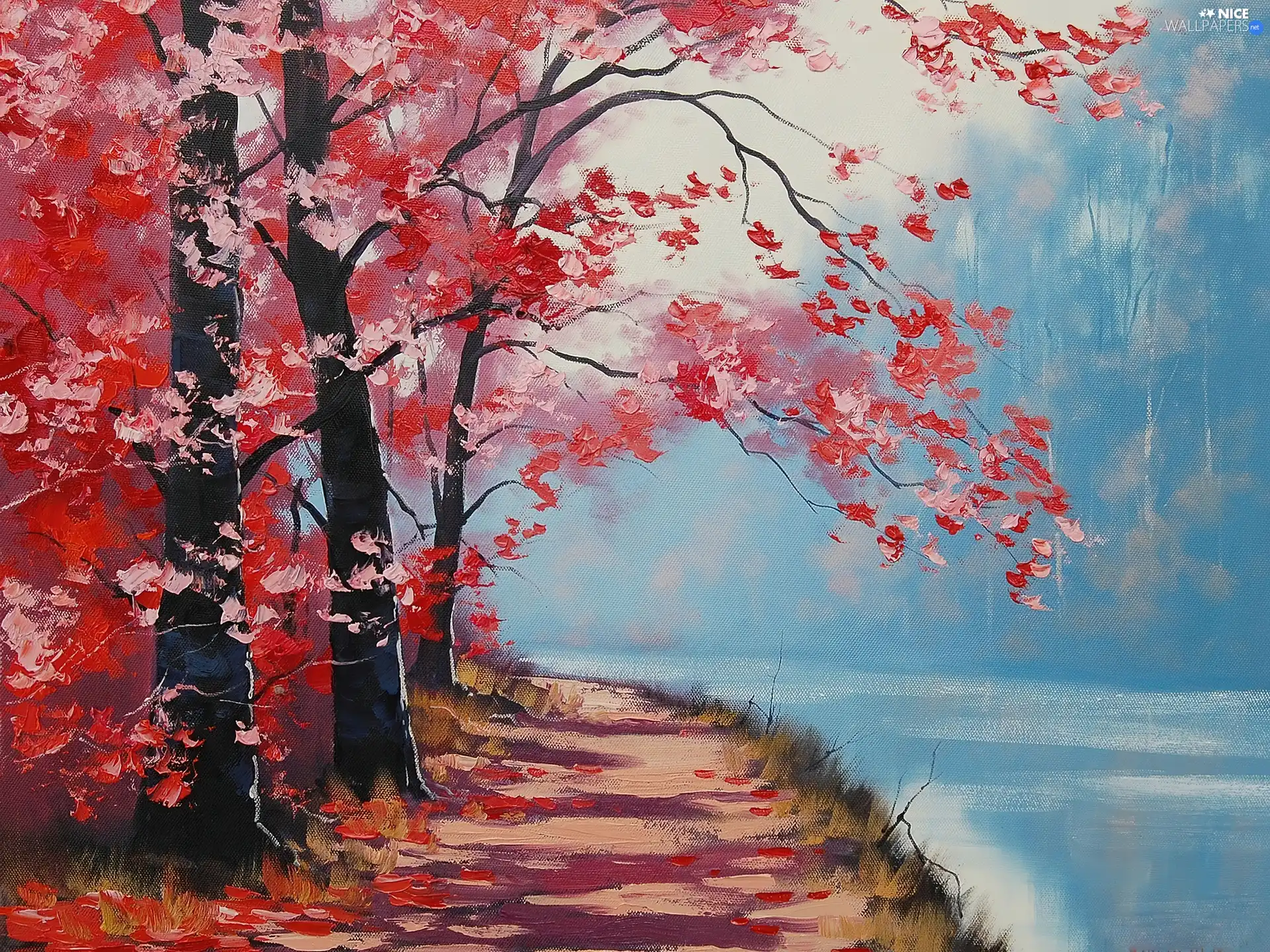 Red, Leaf, Path, forest, River