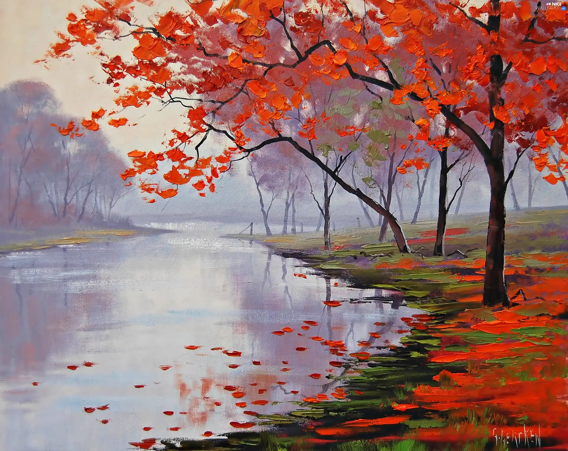 Red, Leaf, trees, viewes, River