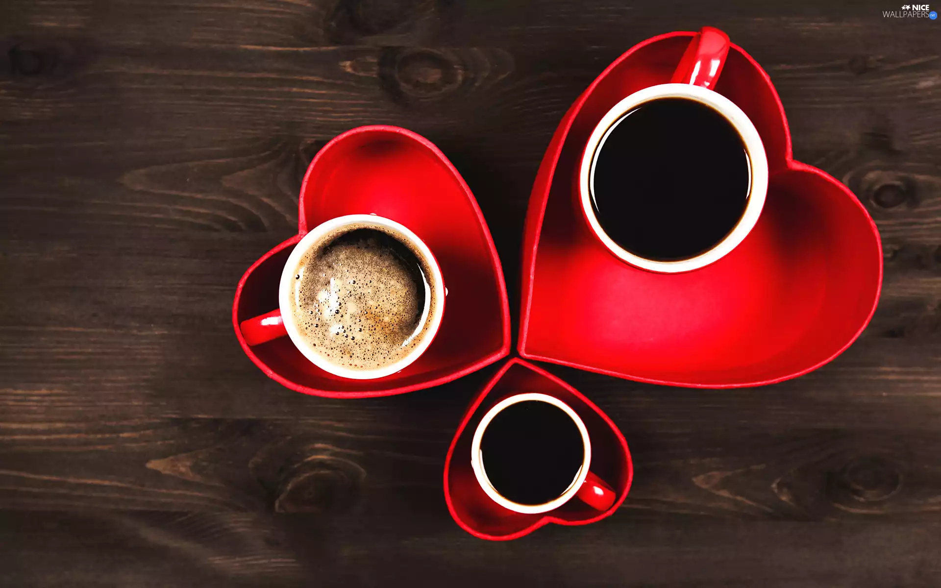 cups, Three, Plates, Red, coffee, heart, boarding