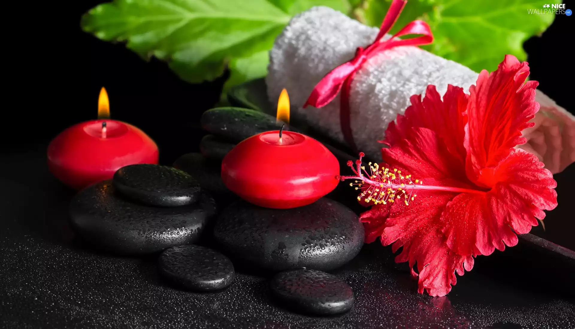 Red, Candles, Towel, Colourfull Flowers, Stones, relaxation, Spa, hibiskus