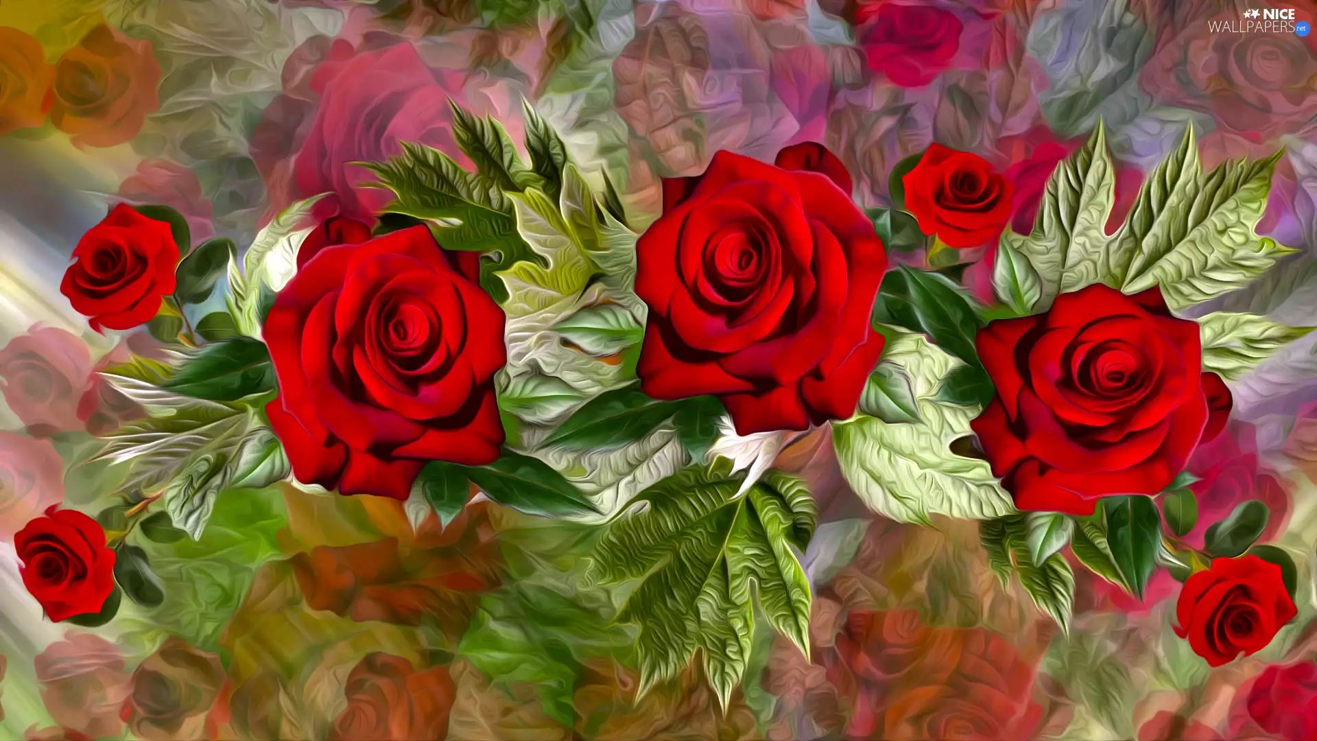 roses, leaves, graphics, Red