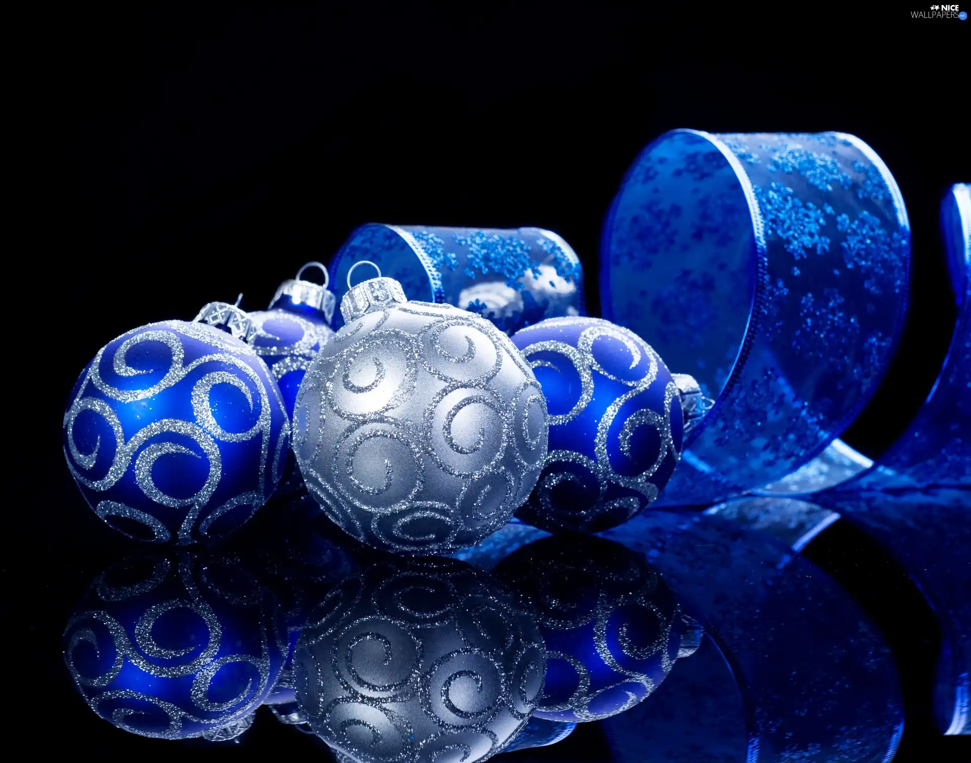 Blue, Christmas, reflection, baubles