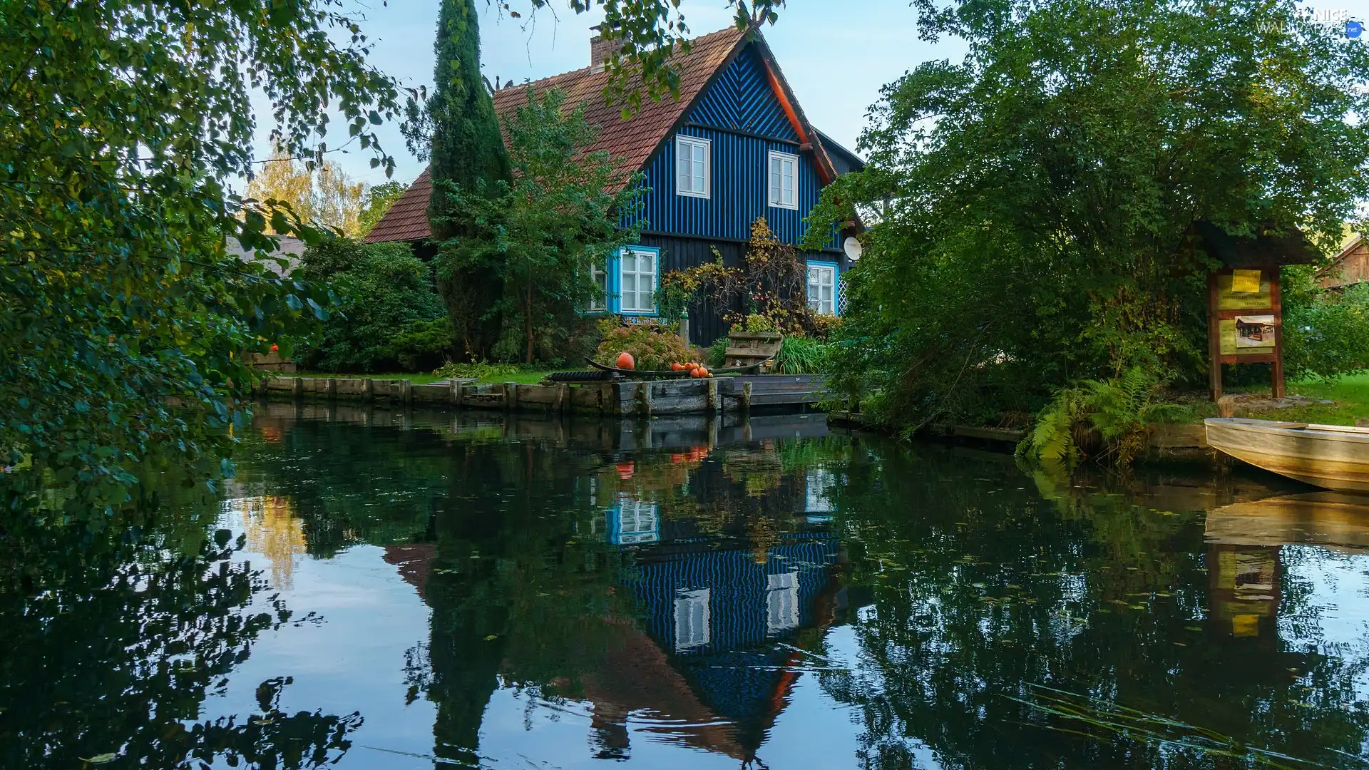 River, house, viewes, reflection, trees, canal