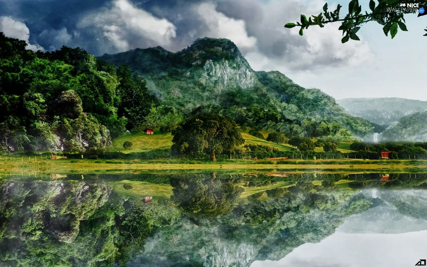 clouds, lake, reflection, Mountains