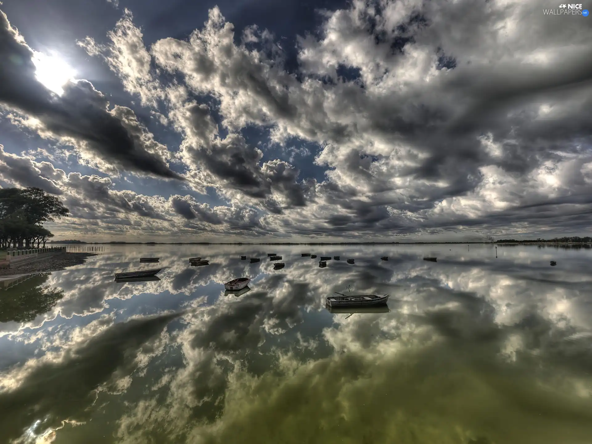 reflection, lake, clouds