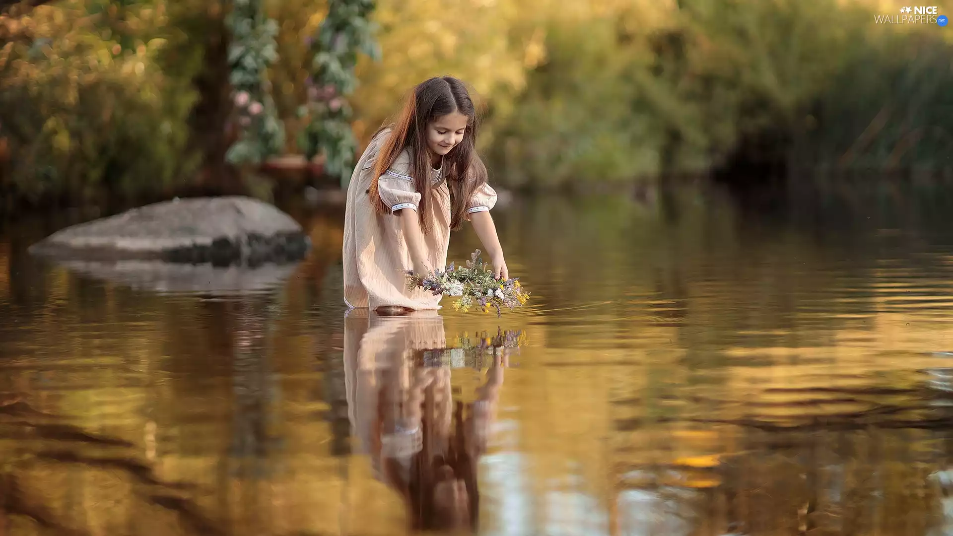 River, reflection, Flowers, wreath, girl