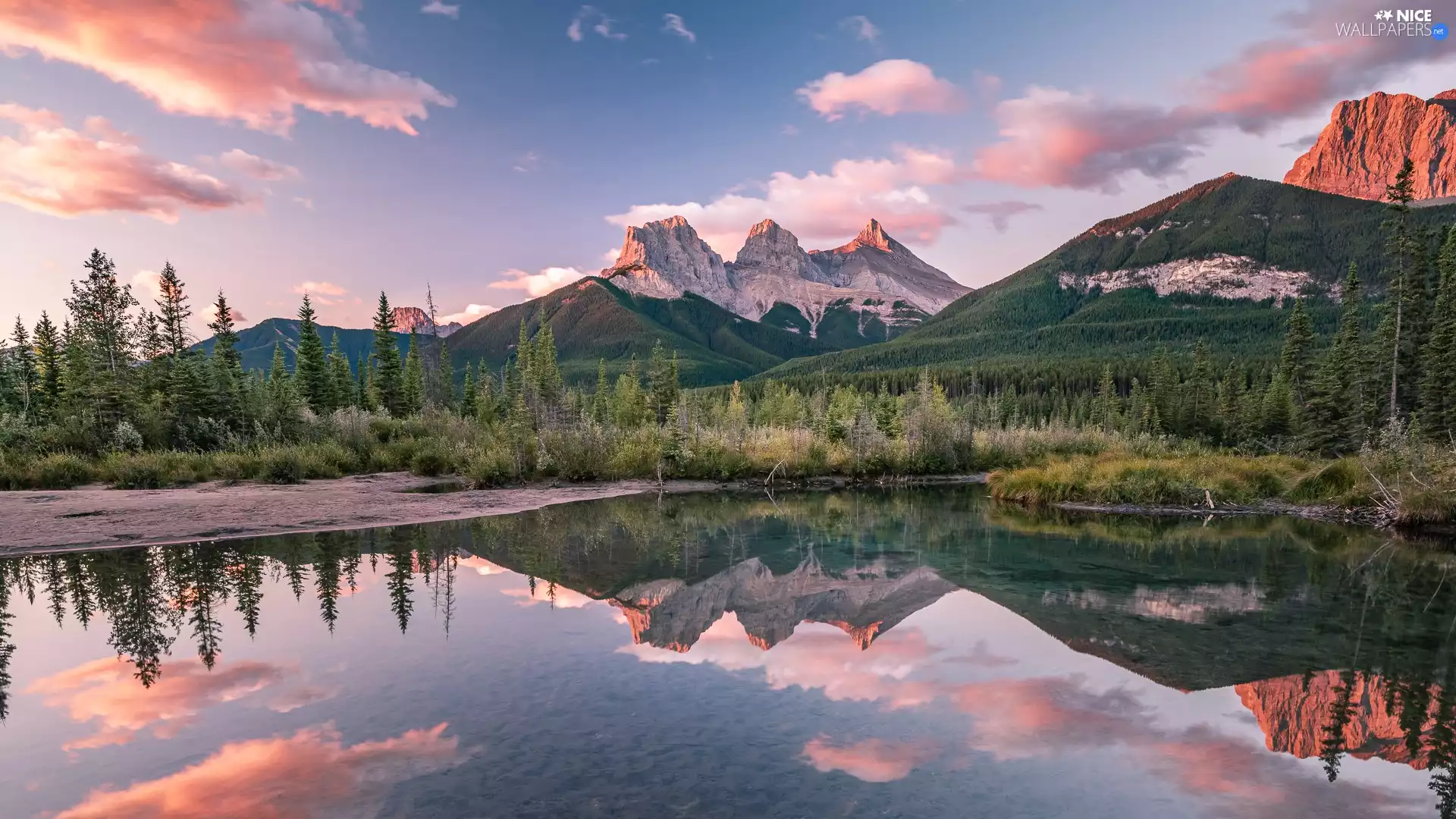 trees, The Hills, clouds, lake, Mountains, viewes, reflection