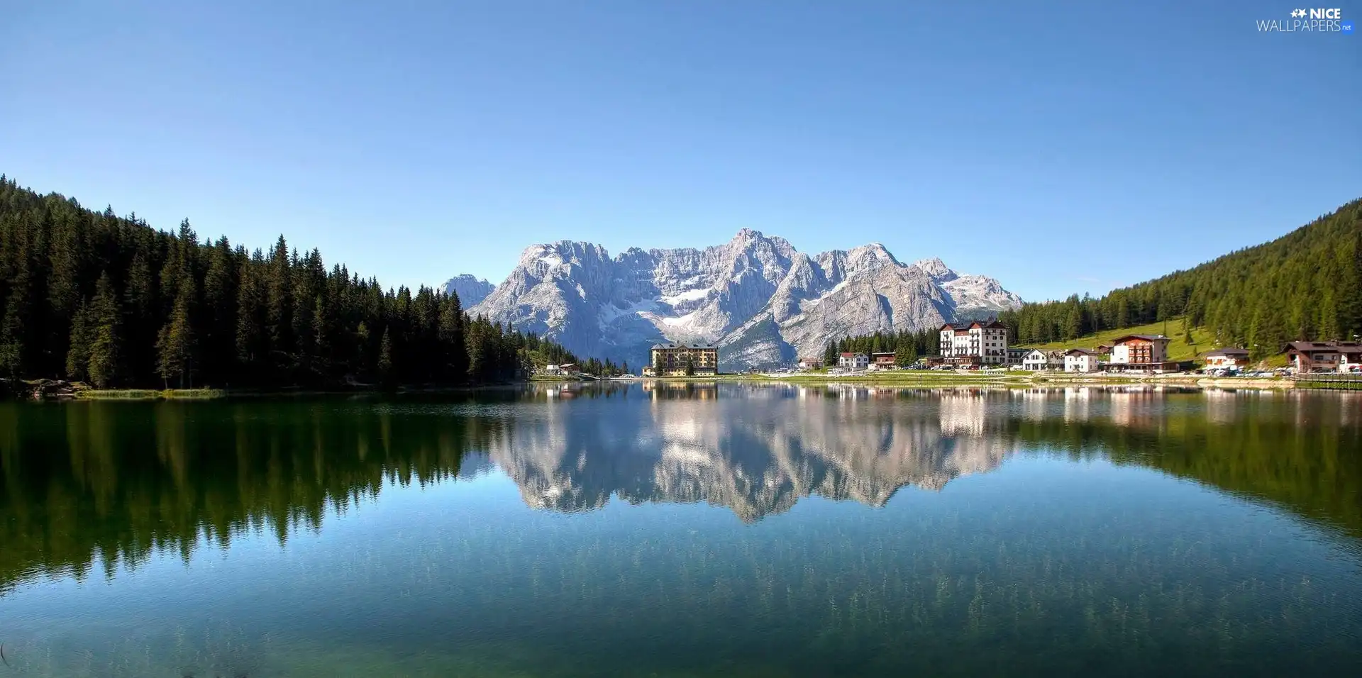 reflection, Houses, Mountains, woods, lake