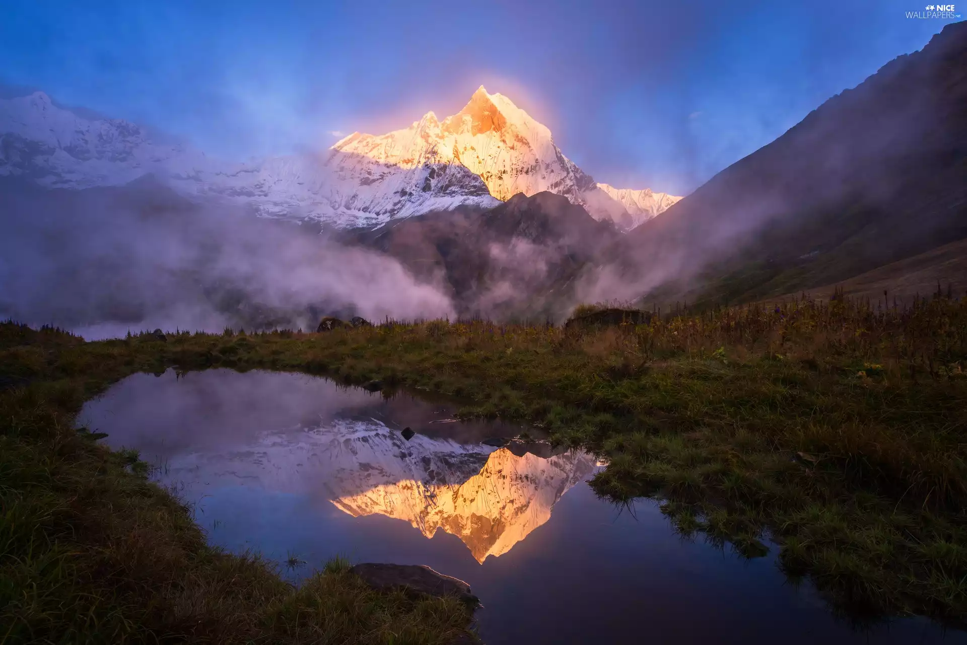 peaks, Mountains, puddle, reflection, Fog, illuminated