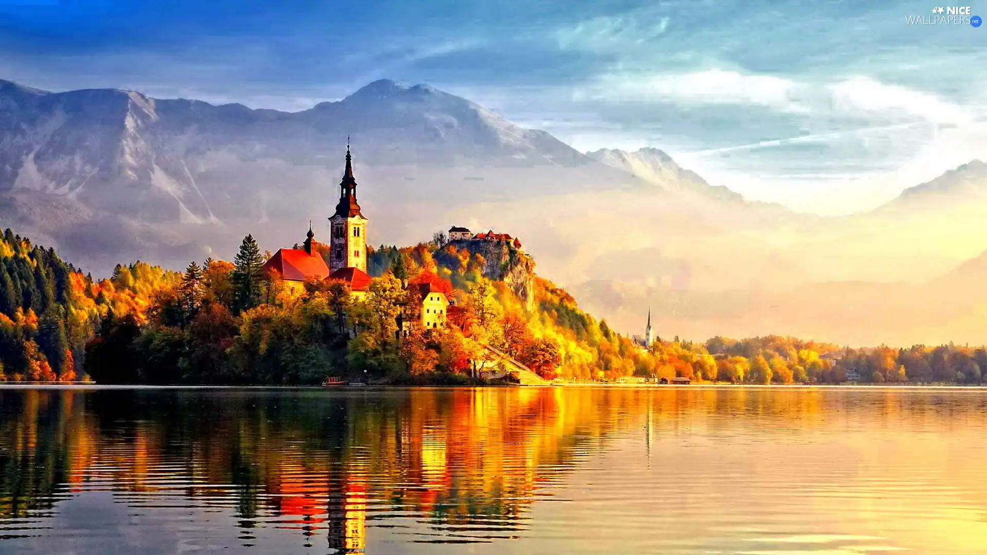 lake, Castle, reflection, Island