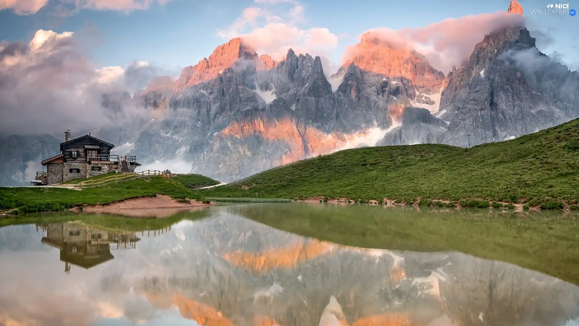 house, Mountains, Fog, reflection, clouds, lake