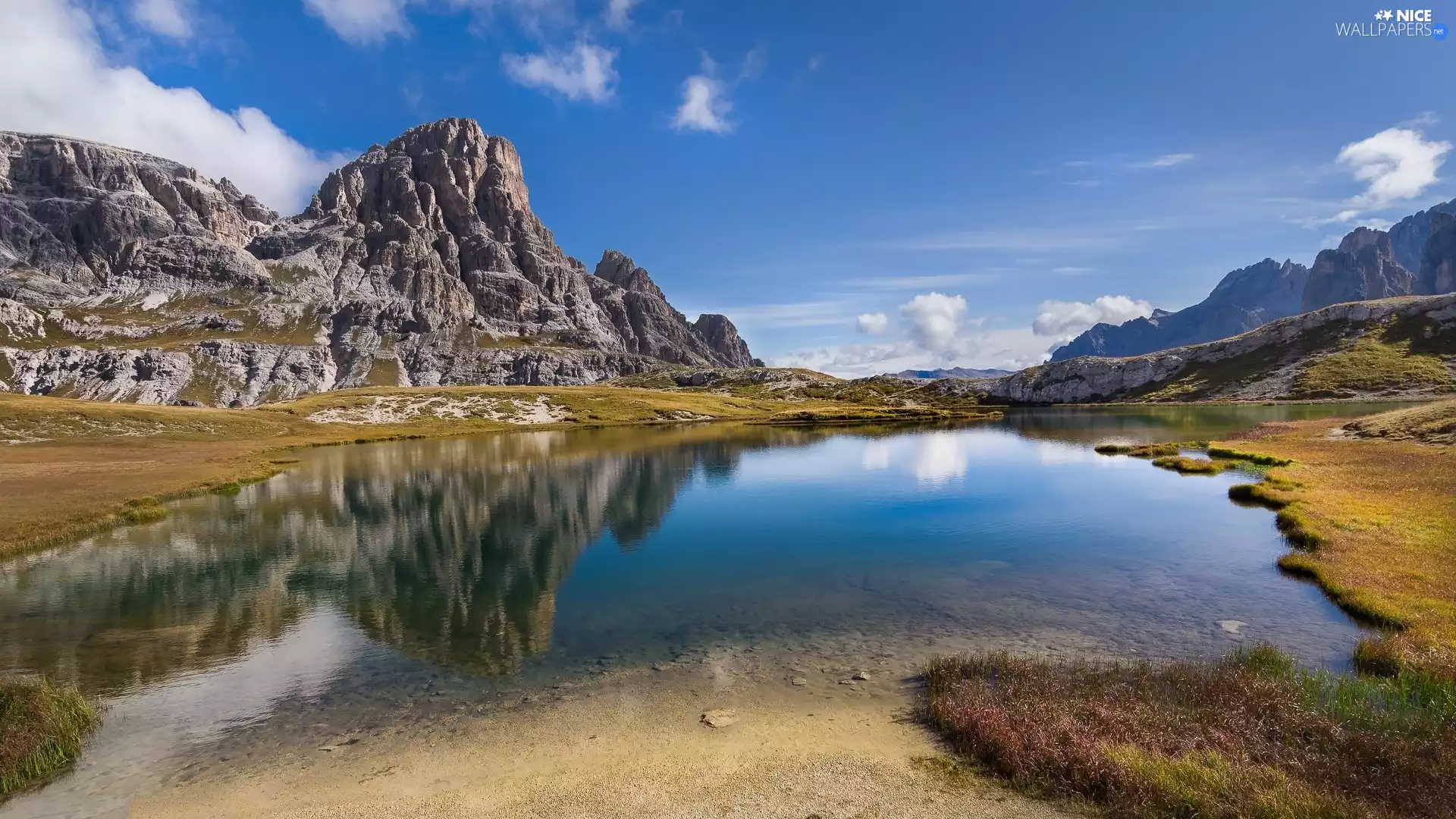 grass, Mountains, Sky, reflection, blue, lake