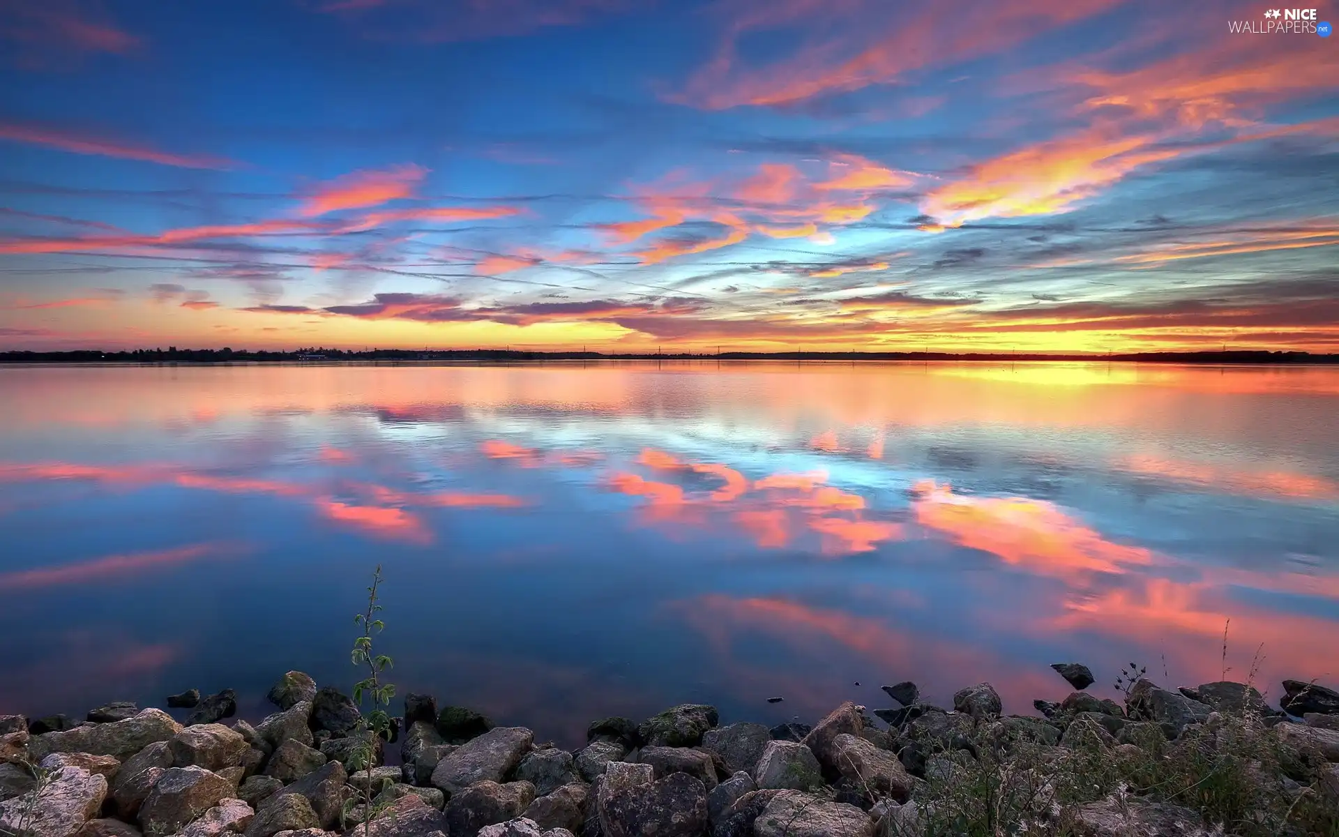 lake, Stones, reflection, clouds