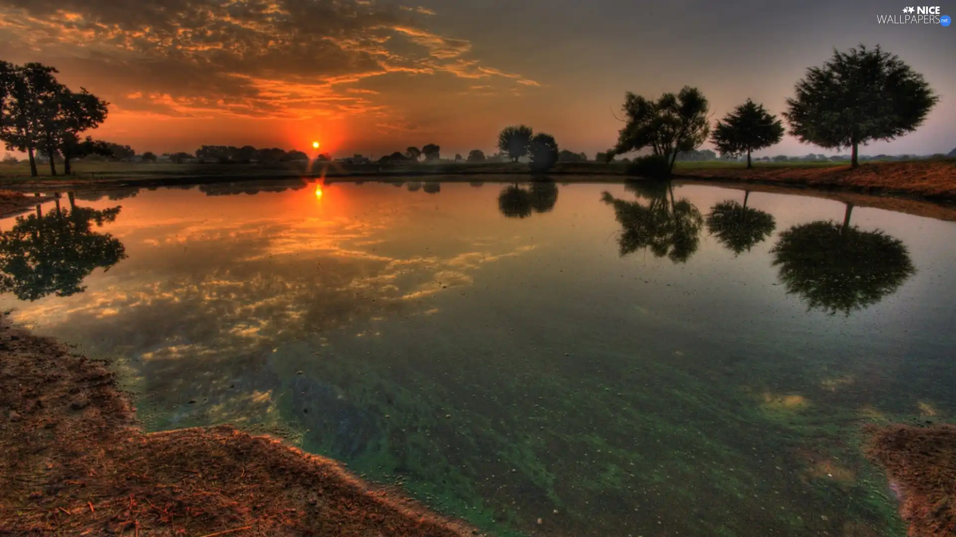 lake, sun, reflection, west