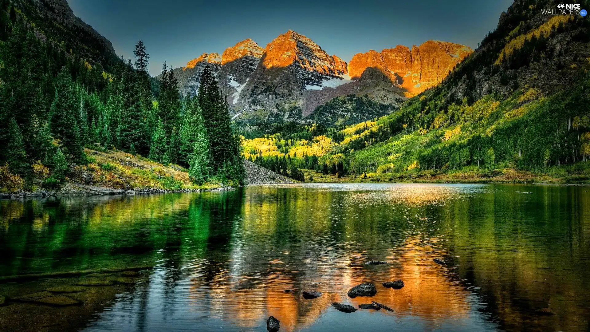 lake, woods, reflection, Mountains