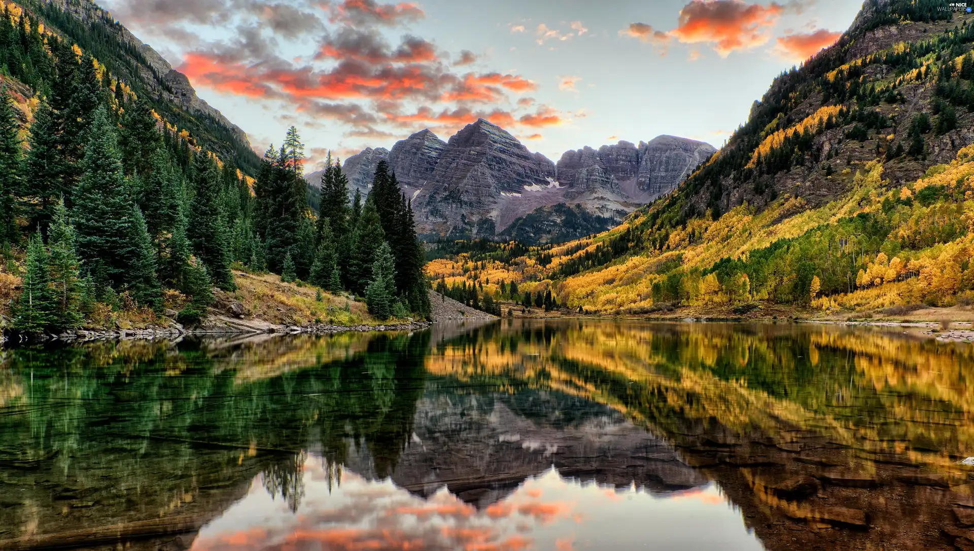 Mountains, forest, reflection, lake