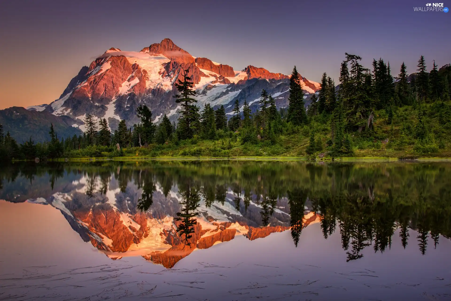Mountains, forest, reflection, lake